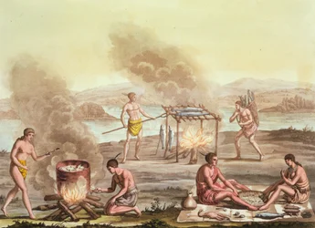 Indigènes de Floride préparant et cuisinant de la nourriture